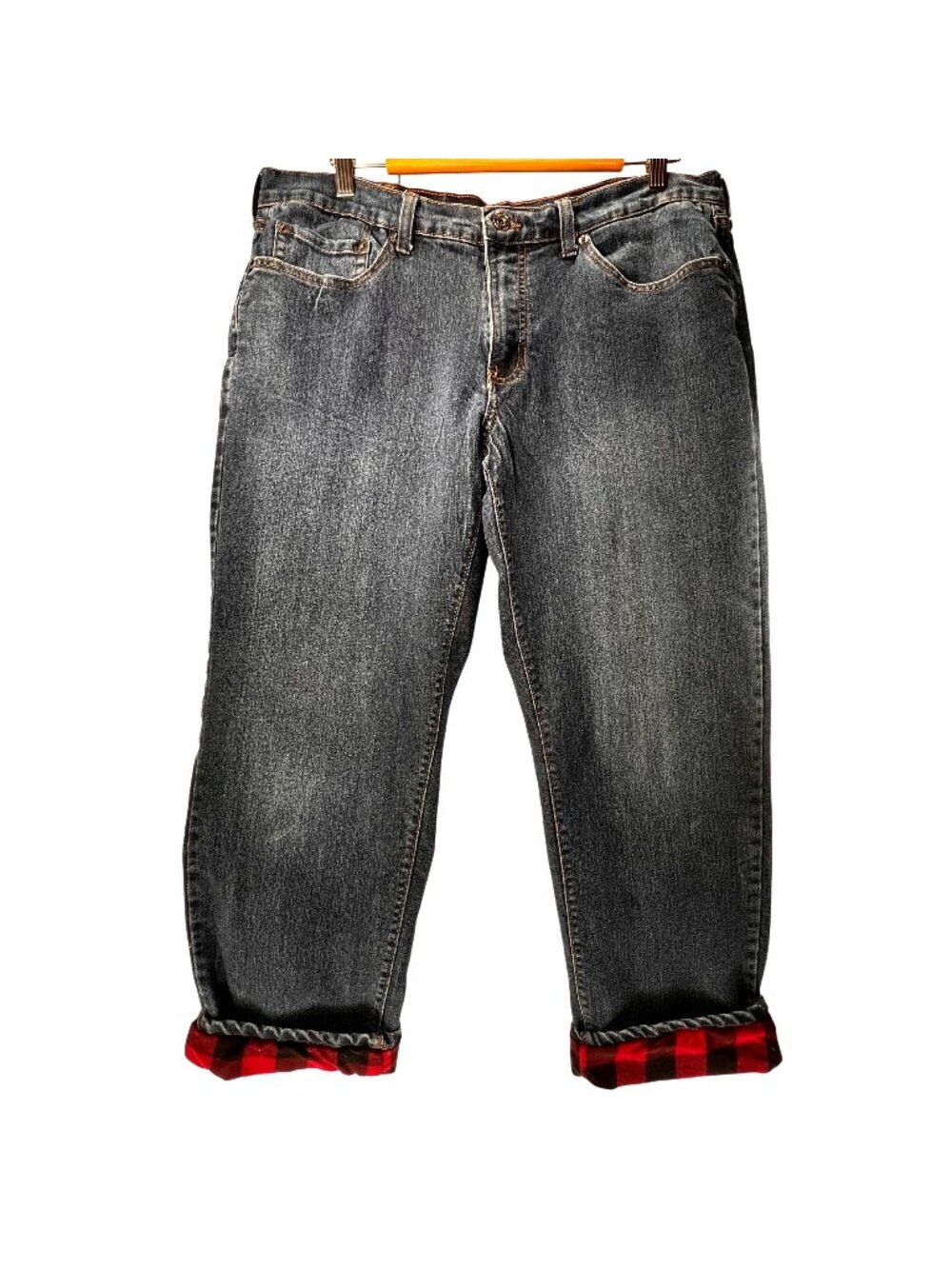 Eddie Bauer Mens Flannel Lined Jeans 36x30 Denim Blue Red Buffalo Plaid Warm